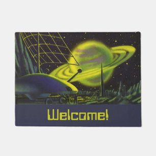 Vintage Science Fiction Neon Green Planet w Rings Fußmatte