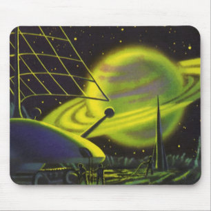 Vintage Science Fiction Neon Green Planet w Rings Mousepad