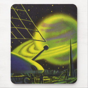 Vintage Science Fiction Neon Green Planet w Rings Mousepad