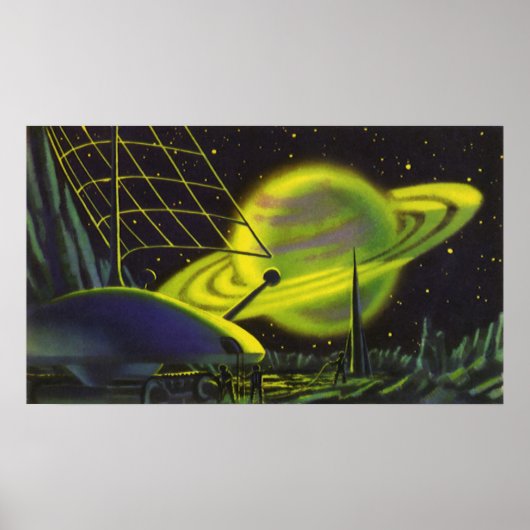 Vintage Science Fiction Neon Green Planet w Rings Poster (Vorne)