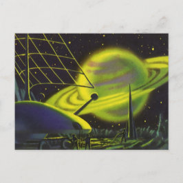 Vintage Science Fiction Neon Green Planet w Rings Postkarte