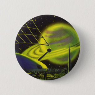 Vintage-Science-Fiction-Neon-Grün-Planet mit Ringe Button