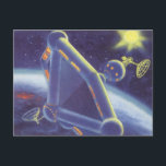 Vintage Science Fiction Orbit-Raumstation Postkarte<br><div class="desc">Vintage Illustration futuristischen Weltraum und Planeten Science Fiction Bild. Eine Raumstation,  die sich um einen Planeten oder Mond umkreist und in Zukunft eine helle Sonne am Himmel strahlt. Ein klassischer 50er Retro-Sci-Fi-Comic Buch Design.</div>