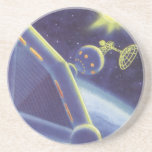 Vintage Science Fiction Orbit-Raumstation Sandstein Untersetzer<br><div class="desc">Vintage Illustration futuristischen Weltraum und Planeten Science Fiction Bild. Eine Raumstation,  die sich um einen Planeten oder Mond umkreist und in Zukunft eine helle Sonne am Himmel strahlt. Ein klassischer 50er Retro-Sci-Fi-Comic Buch Design.</div>