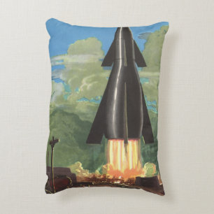 Vintage-Science-Fiction, Rakete startet von der Er Dekokissen