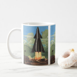 Vintage Science-Fiction, Rakete startet von der Er Kaffeetasse