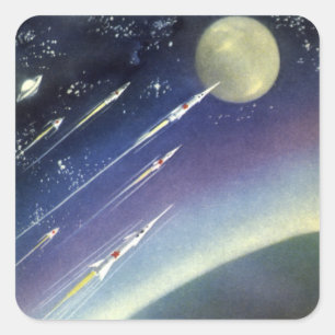 Vintage Science-Fiction-Raketen im Weltraum nach P Quadratischer Aufkleber