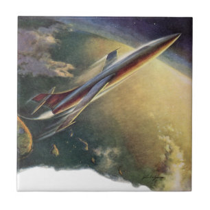 Vintage Science-Fiction-Raumschiff Flugzeug Erde Fliese