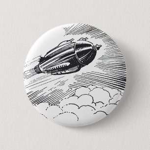 Vintage Science Fiction Raumschiff-Rakete in Wolke Button