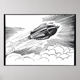 Vintage Science Fiction Raumschiff-Rakete in Wolke Poster