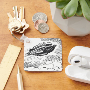 Vintage Science Fiction Raumschiff-Rakete in Wolke Schlüsselanhänger