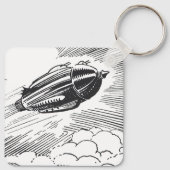 Vintage Science Fiction Raumschiff-Rakete in Wolke Schlüsselanhänger (Rückseite)