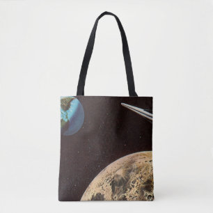 Vintage Science-Fiction, Raumschiff über dem Mond Tasche