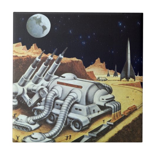 Vintage Science Fiction, Raumstation auf dem Mond Fliese (Vorderseite)