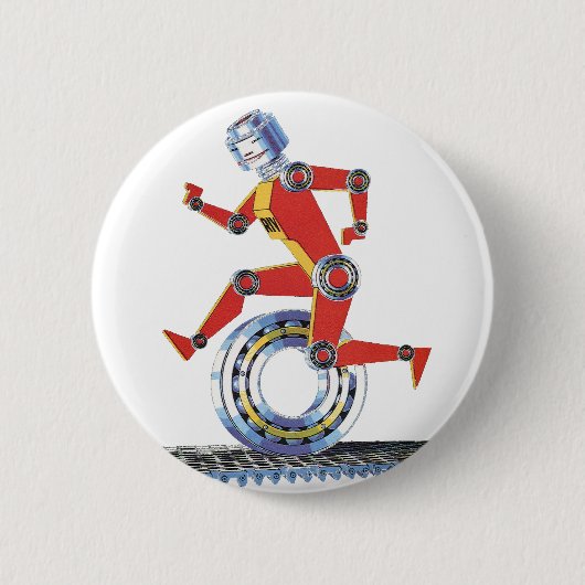 Vintage Science-Fiction-Roboter läuft mit Rad Button (Vorderseite)