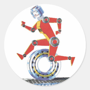 Vintage Science-Fiction-Roboter läuft mit Rad Runder Aufkleber