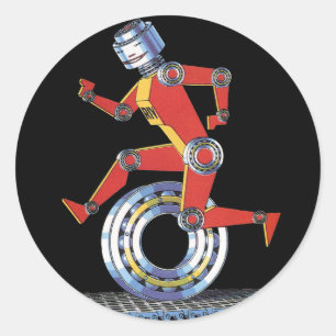 Vintage Science-Fiction-Roboter läuft mit Rad Runder Aufkleber