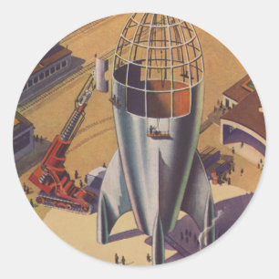 Vintage Science-Fiction, Sci-Fi, Bau einer Rakete Runder Aufkleber