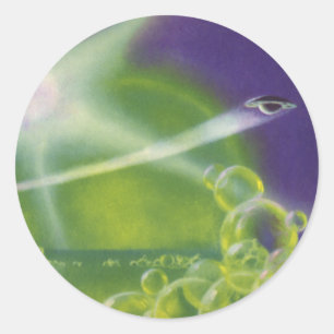 Vintage-Science-Fiction-Sci-Fi-grüne Blasenplanet Runder Aufkleber