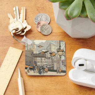 Vintage Science-Fiction-Stadt Paris, Steampunk Schlüsselanhänger