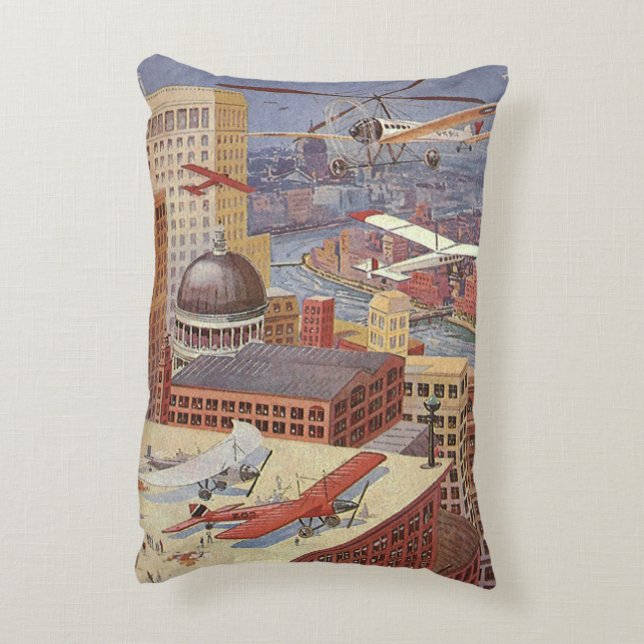 Vintage Science Fiction Stadt, Viktorianischer Ste Dekokissen (Rückseite(Vertikal))