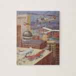 Vintage Science Fiction Stadt, Viktorianischer Ste Puzzle<br><div class="desc">Vintage Illustration Dampf punk Viktorianische Science Fiction futuristische Stadt Bild. Die Metropole Paris, Frankreich in der Zukunft mit fliegenden Autos, Hubschraubern und Flugzeug für Reisen und Transport. Diese Szene aus Steampunken umfasst Gebäude und die Seine im Hintergrund.</div>