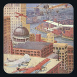 Vintage Science Fiction Stadt, Viktorianischer Ste Quadratischer Aufkleber<br><div class="desc">Vintage Illustration Dampf punk Viktorianische Science Fiction futuristische Stadt Bild. Die Metropole Paris, Frankreich in der Zukunft mit fliegenden Autos, Hubschraubern und Flugzeug für Reisen und Transport. Diese Szene aus Steampunken umfasst Gebäude und die Seine im Hintergrund.</div>