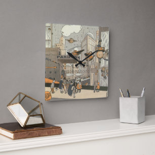 Vintage Science Fiction Urban Paris, Steam Punk Quadratische Wanduhr