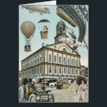 Vintage Science Fiction, Viktorianischer Dampfpunk<br><div class="desc">Vintage Darstellung von Reisen und Transport futuristischen Science Fiction mit Menschen,  die mit Dickhäusern,  Blitzen,  Heißluftballons,  einem invertierten Zug und einem antiken Cabrio Auto in einer Viktorianischen Dampfpunk Retro städtischen Metropole.</div>