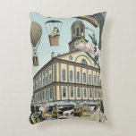 Vintage Science Fiction, Viktorianischer Dampfpunk Dekokissen<br><div class="desc">Vintage Darstellung von Reisen und Transport futuristischen Science Fiction mit Menschen,  die mit Dickhäusern,  Blitzen,  Heißluftballons,  einem invertierten Zug und einem antiken Cabrio Auto in einer Viktorianischen Dampfpunk Retro städtischen Metropole.</div>