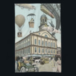 Vintage Science Fiction, Viktorianischer Dampfpunk Handtuch<br><div class="desc">Vintage Darstellung von Reisen und Transport futuristischen Science Fiction mit Menschen,  die mit Dickhäusern,  Blitzen,  Heißluftballons,  einem invertierten Zug und einem antiken Cabrio Auto in einer Viktorianischen Dampfpunk Retro städtischen Metropole.</div>