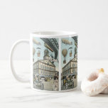 Vintage Science Fiction, Viktorianischer Dampfpunk Kaffeetasse<br><div class="desc">Vintage Darstellung von Reisen und Transport futuristischen Science Fiction mit Menschen,  die mit Dickhäusern,  Blitzen,  Heißluftballons,  einem invertierten Zug und einem antiken Cabrio Auto in einer Viktorianischen Dampfpunk Retro städtischen Metropole.</div>