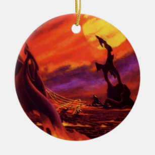 Vintage Science Fiction Vulkan Planet w Red Lava Keramik Ornament