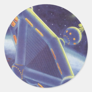 Vintage-Science-Fiction-Weltraumstation auf Umlauf Runder Aufkleber