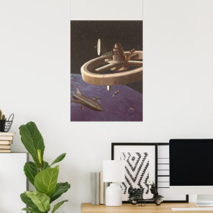 Vintage-Science-Fiction, Weltraumstation mit Plane Poster