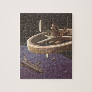 Vintage-Science-Fiction, Weltraumstation mit Plane Puzzle