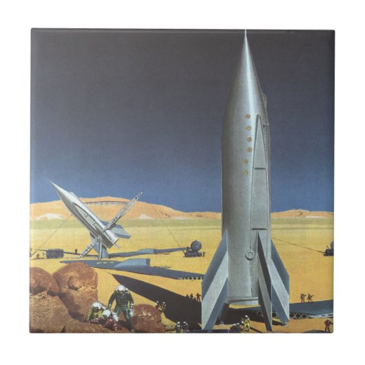 Vintage Science Fiction Wüstenplanet mit Raketen Fliese (Vorderseite)