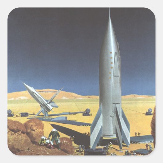 Vintage Science Fiction Wüstenplanet mit Raketen Quadratischer Aufkleber (Vorderseite)