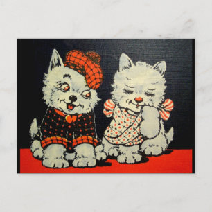 Vintage Scottie-Hund und Katzenpaar - Rot und Schw Postkarte