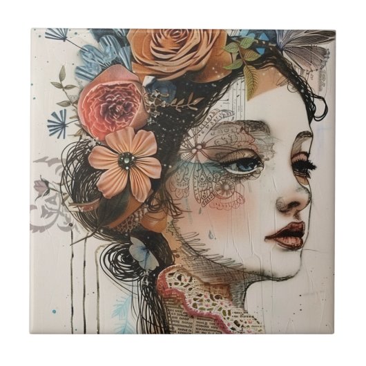 Vintage-Scrapbook-Collage-Gesicht (2) Fliese (Vorderseite)