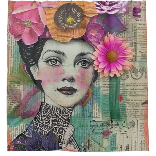 Vintage-Scrapbook-Collage-Gesicht (5) Duschvorhang (Vorderseite)