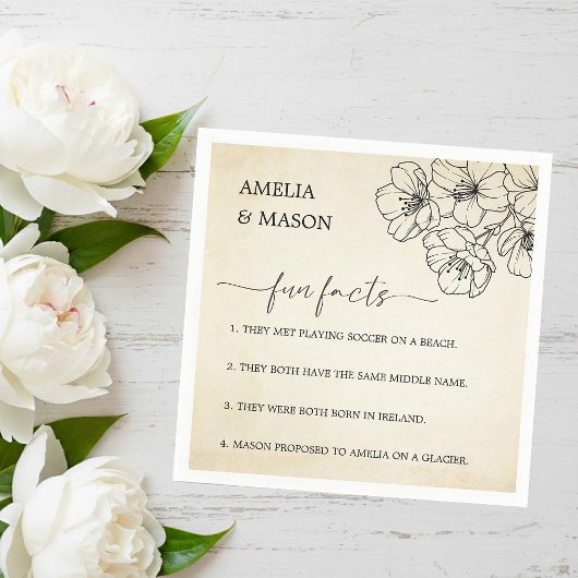 Vintage Script Floral Fun Facts Wedding Serviette