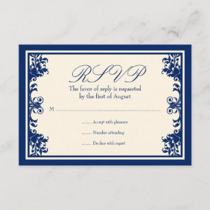 Vintage Scroll-Antwortkarte für Navy-Cream-Blühen RSVP Karte