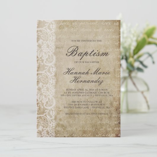 Vintage Scroll Lace Taufe Einladung (Stehend Vorderseite)