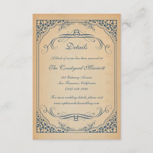 Vintage Scrollrahmen Hochzeitsdetails Begleitkarte (Vorderseite)