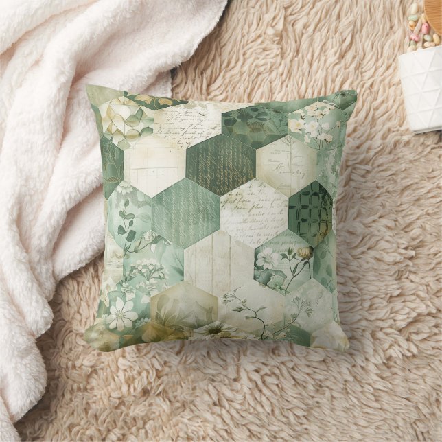 Vintage Sechseck-Botanik-Patchwork Kissen (Decke)