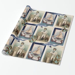 VINTAGE SEGELBOOTJUNGE ,SEGELBOOTE,ANKER UND MÖWEN GESCHENKPAPIER
