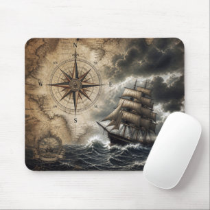 Vintage-Segelschiff mit Kompassrose Mousepad