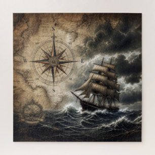 Vintage-Segelschiff mit Kompassrose Puzzle