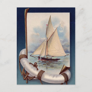 Vintage-Segelschiff mit Rettungsring, Seil und Ank Postkarte